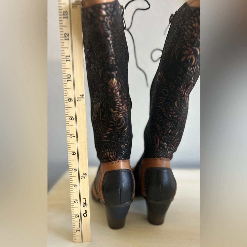 Super lady star boots, women’s size 37. Heeled, tan brown, leather, fabric print - Picture 3 of 9